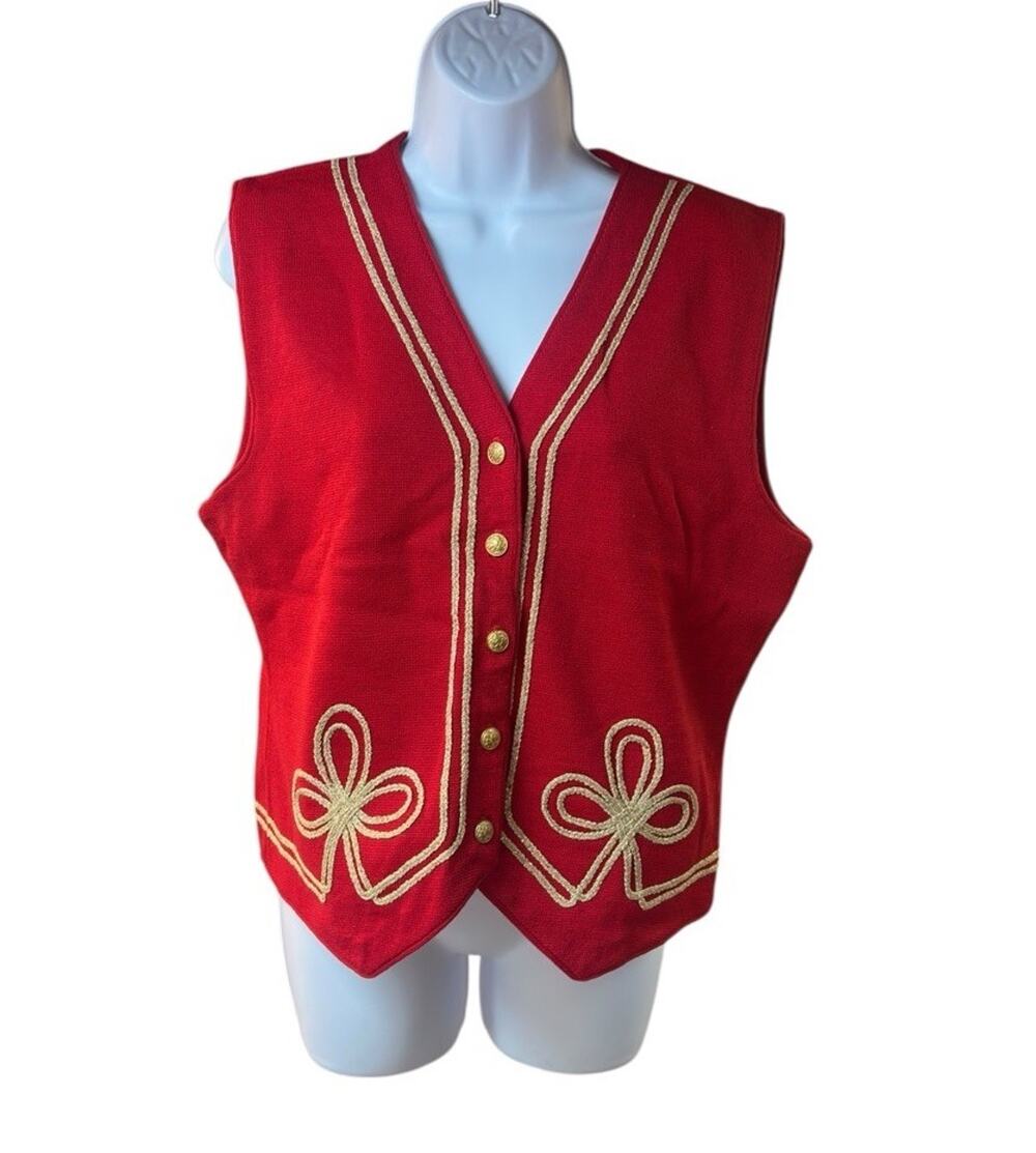 Vintage Pendleton Red Wool Sweater Vest Gold Trim Cottagecore Grandma M